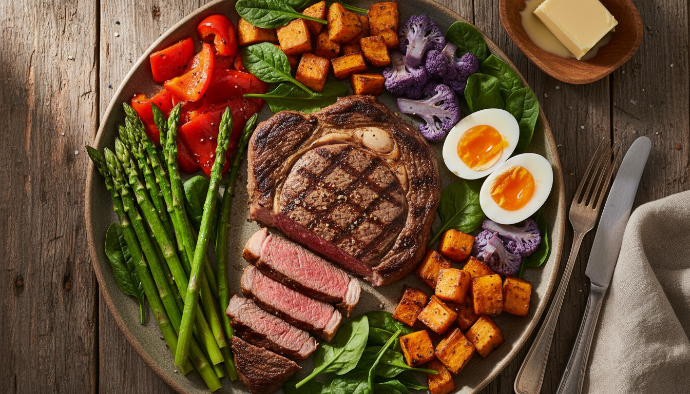 A protein-centered meal with steak, vegetables, eggs, and butter representing the new dietary guidelines