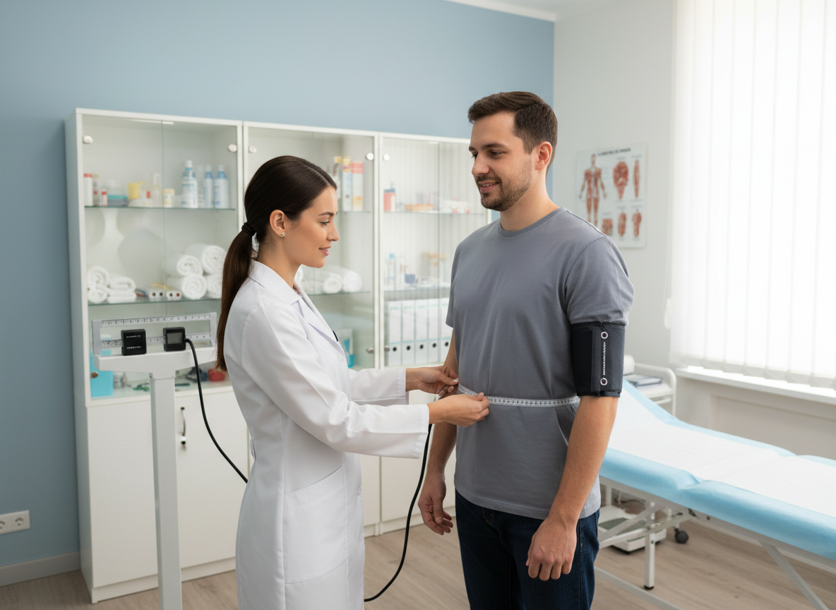 Doctor measuring patient's waist circumference during health assessment