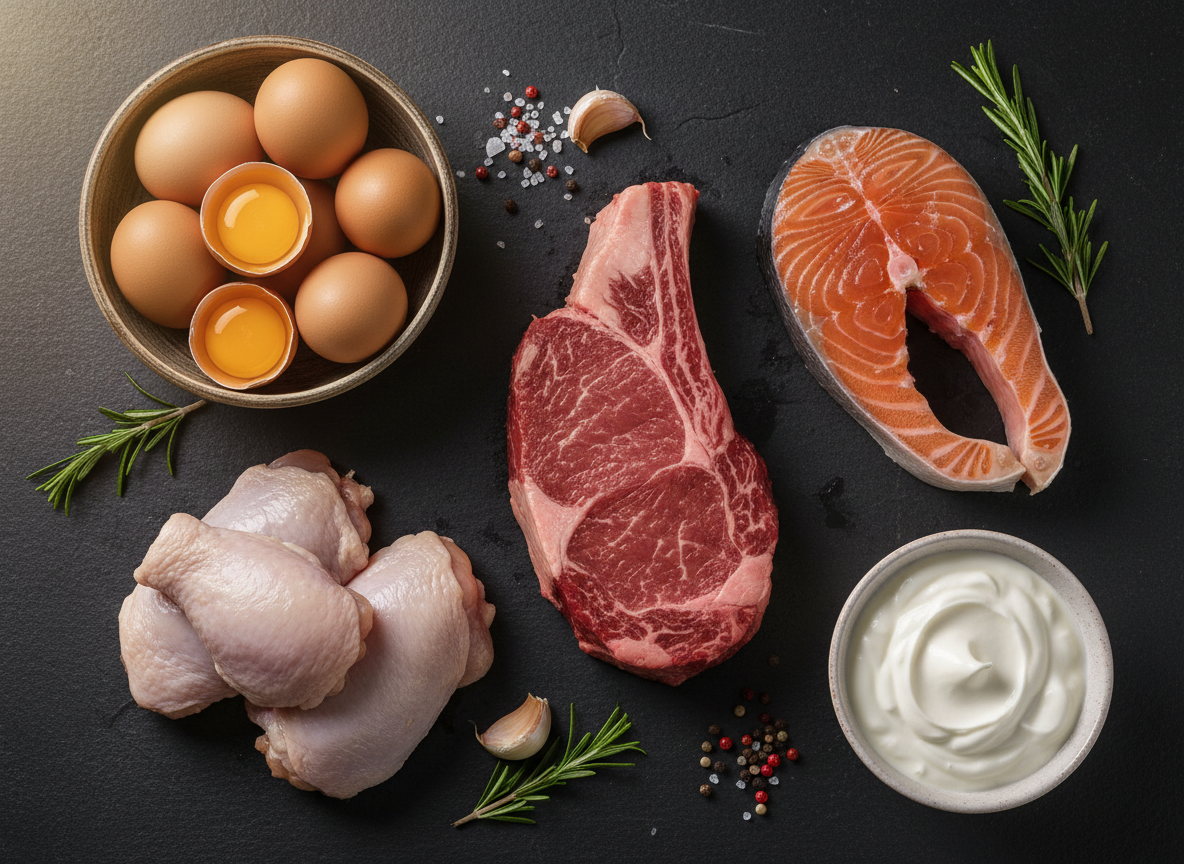 Flat lay of high protein foods: ribeye steak, salmon, eggs, chicken thighs, and greek yogurt