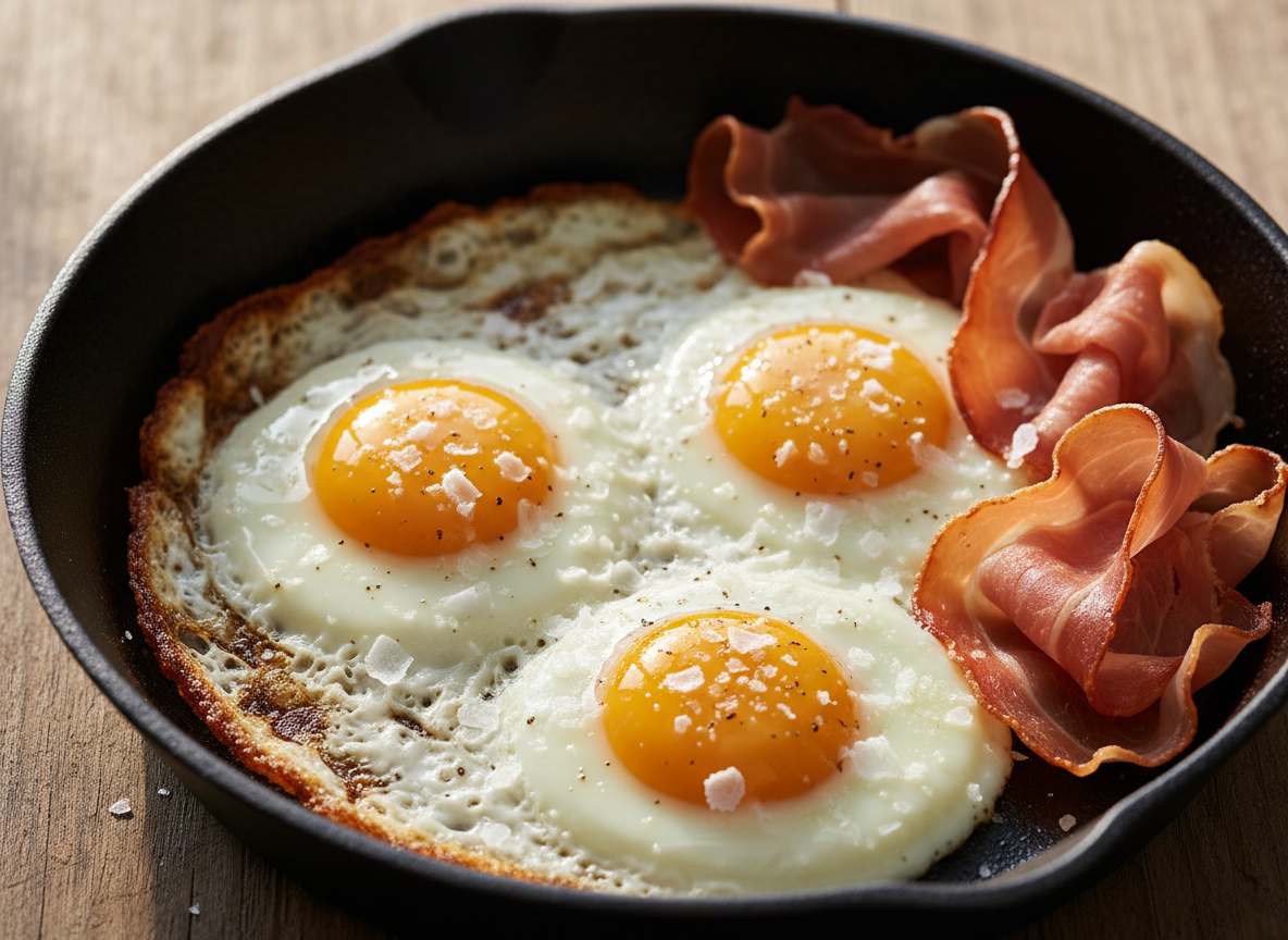 Tallow-Fried Eggs with Crispy Prosciutto